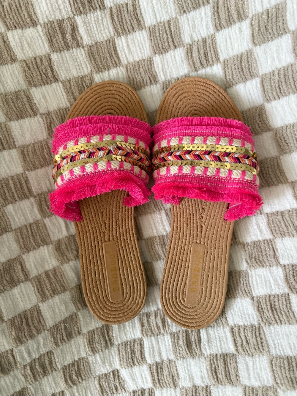 Bright Pink Beaded Fringe Slide Sandals - Women